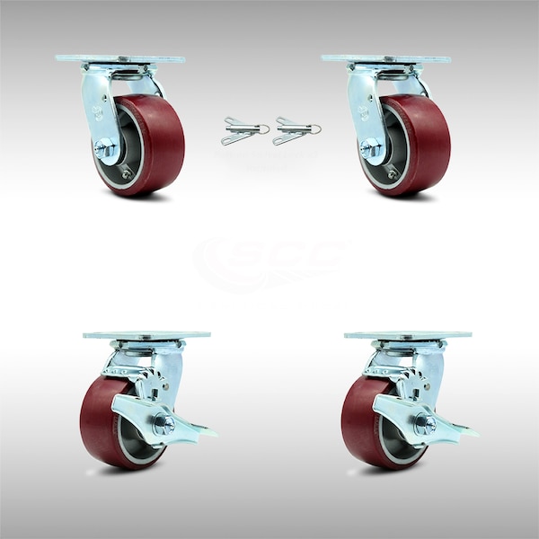 4 Inch SS Poly on Aluminum Caster Set with Ball Bearings 2 Swivel Lock 2 Brake
